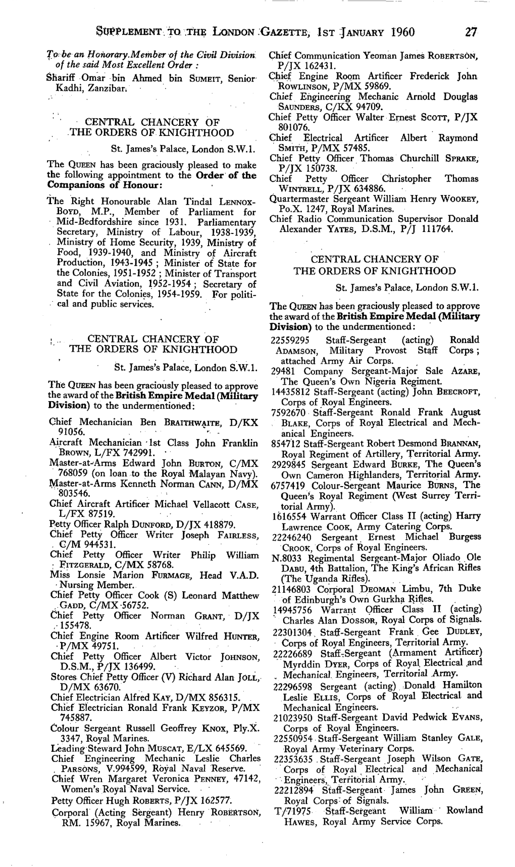 SUPPLEMENT. TQ .THE LONDON .GAZETTE, IST JANUARY 1960 F;O Be an Honorary