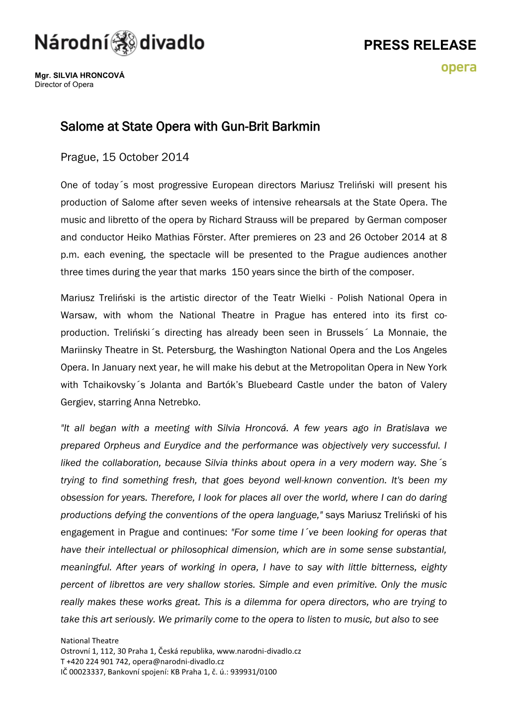 PRESS RELEASE Salome at State Opera with Gun-Brit Barkmin