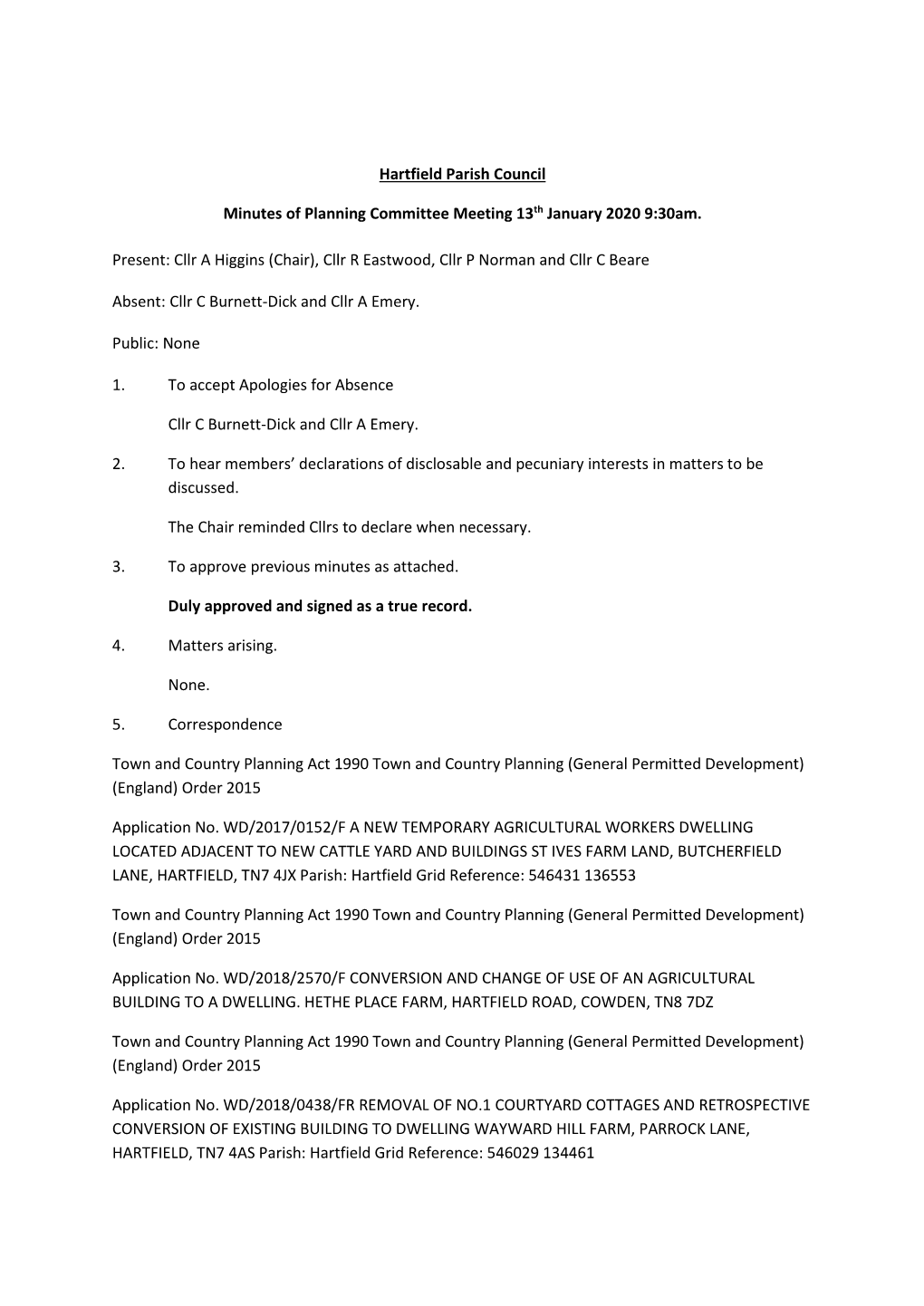 Hartfield Parish Council Minutes of Planning Committee Meeting 13Th