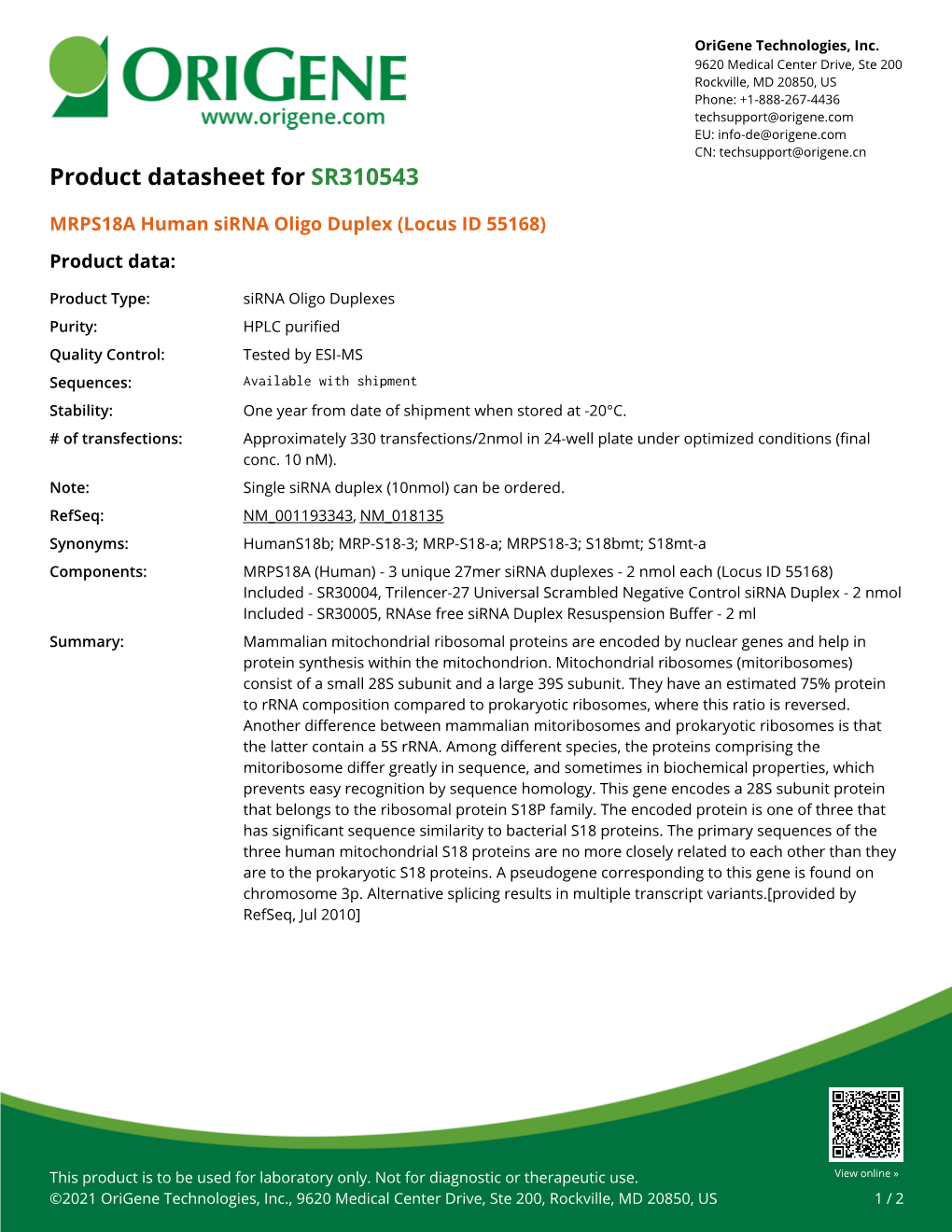 MRPS18A Human Sirna Oligo Duplex (Locus ID 55168) – SR310543 | Origene