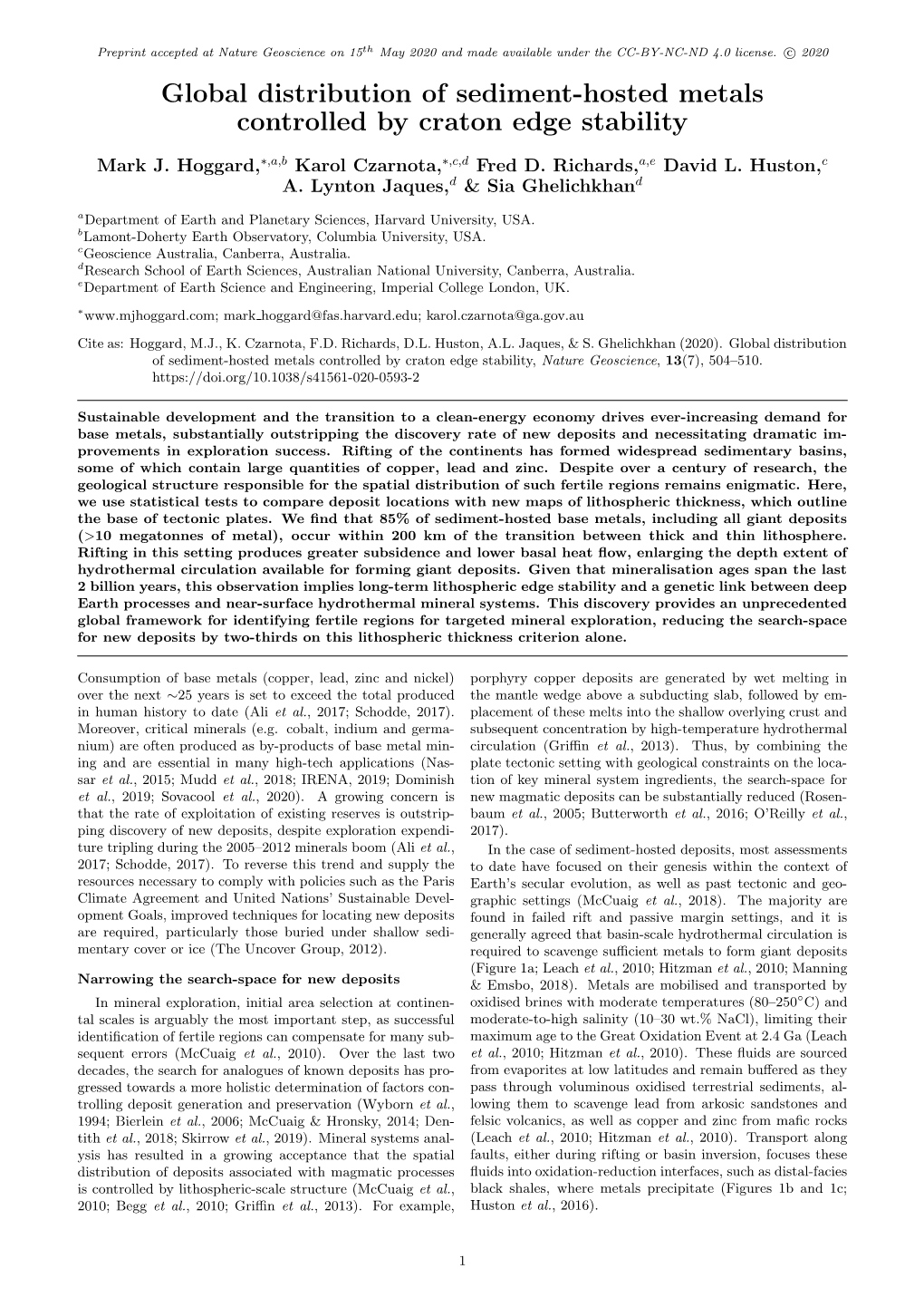 Global Distribution of Sediment-Hosted Metals Controlled by Craton Edge Stability