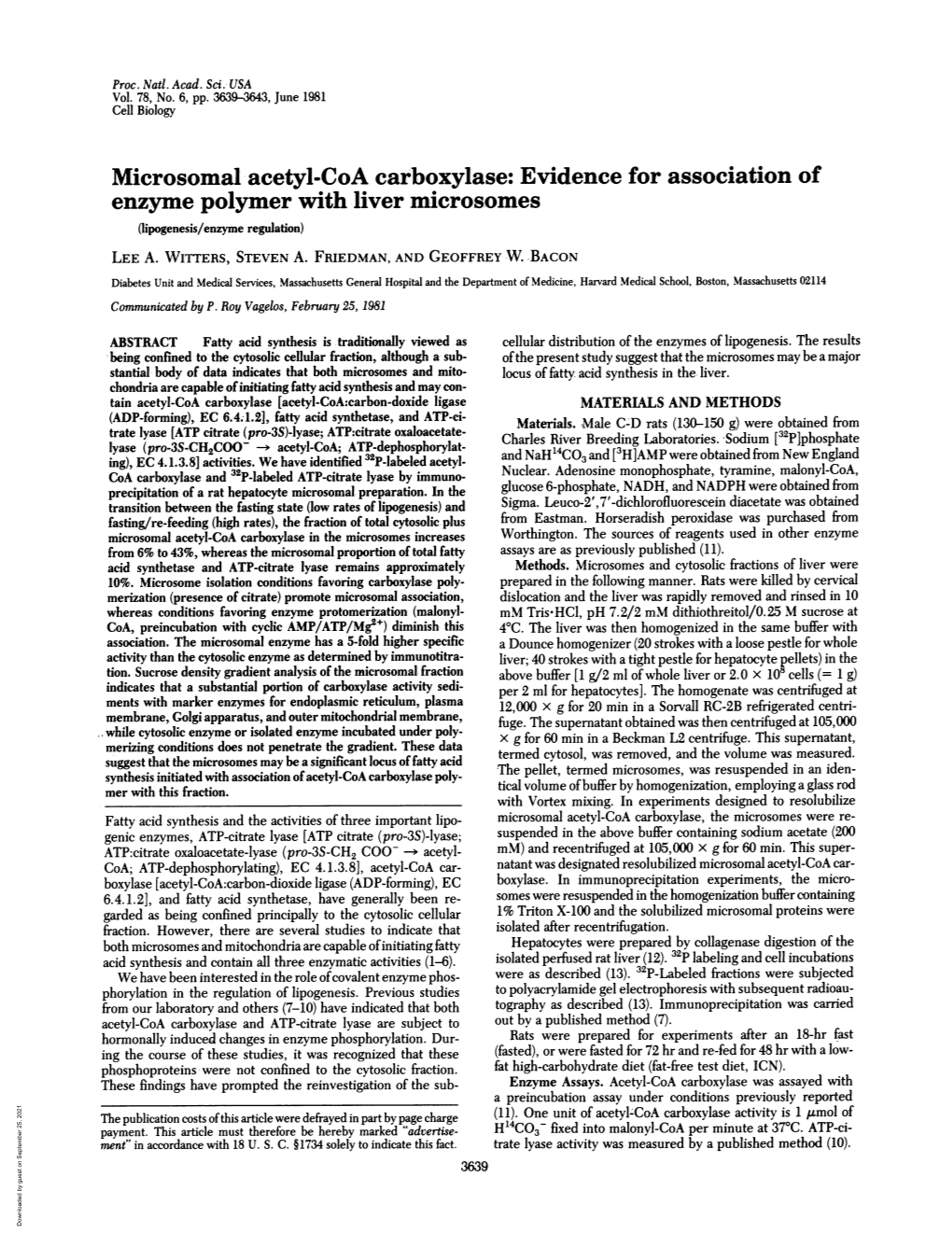 Evidence for Association of Enzyme Polymer with Liver Microsomes (Lipogenesis/Enzyme Regulation) LEE A