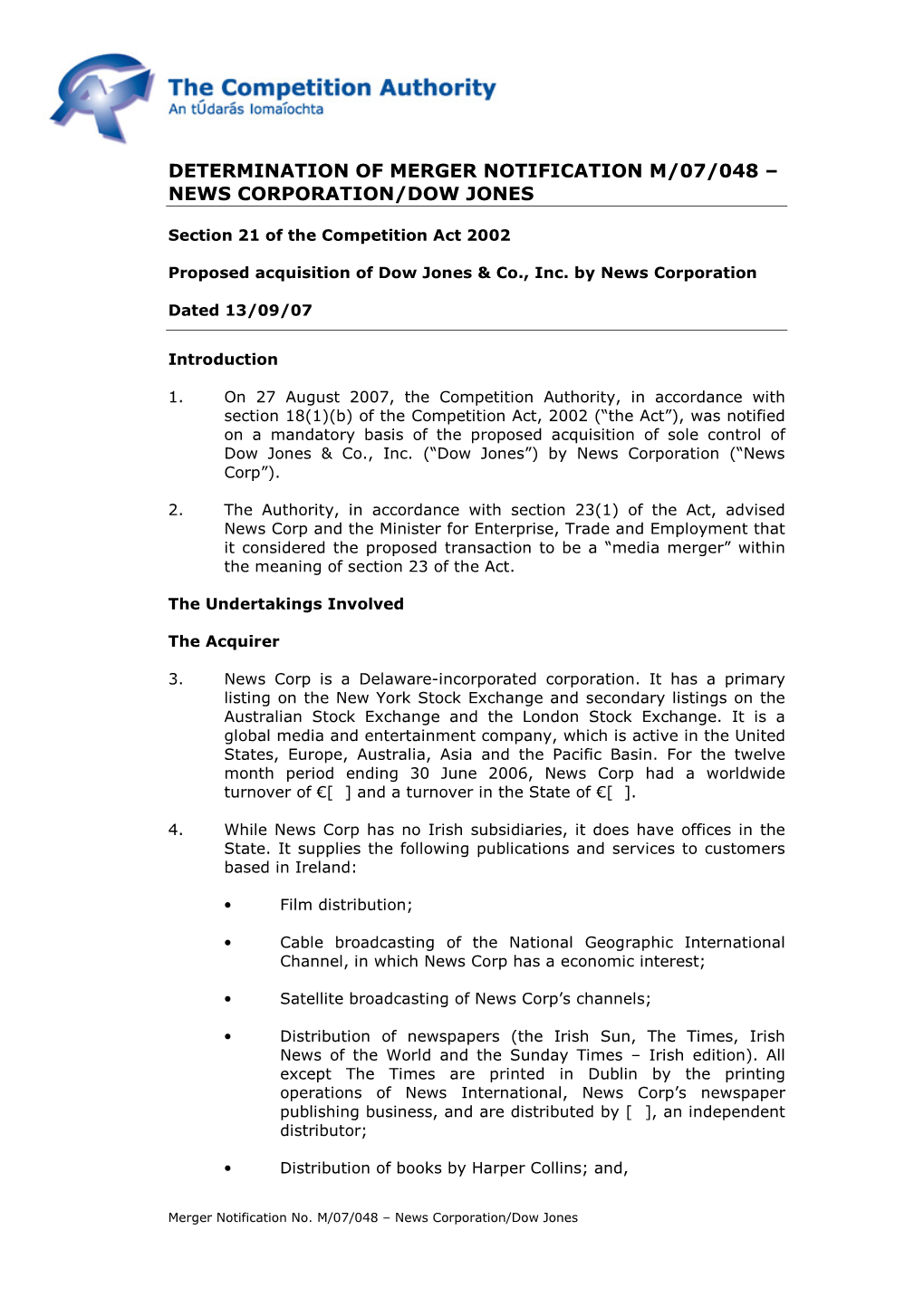 Determination of Merger Notification M/07/048 – News Corporation/Dow Jones