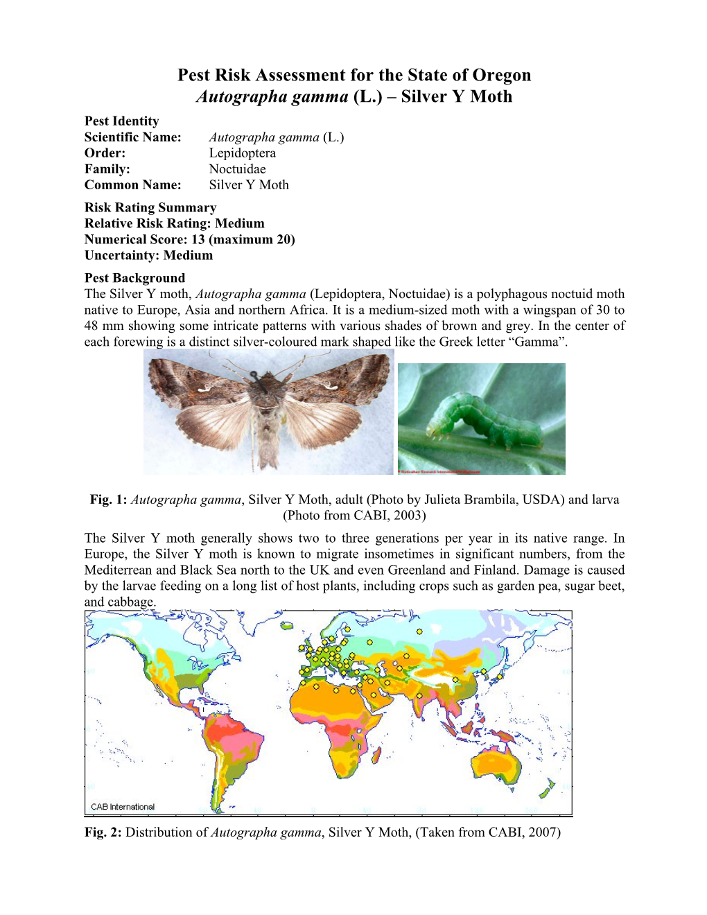 Pest Risk Assessment for the State of Oregon Autographa Gamma (L.) – Silver Y Moth