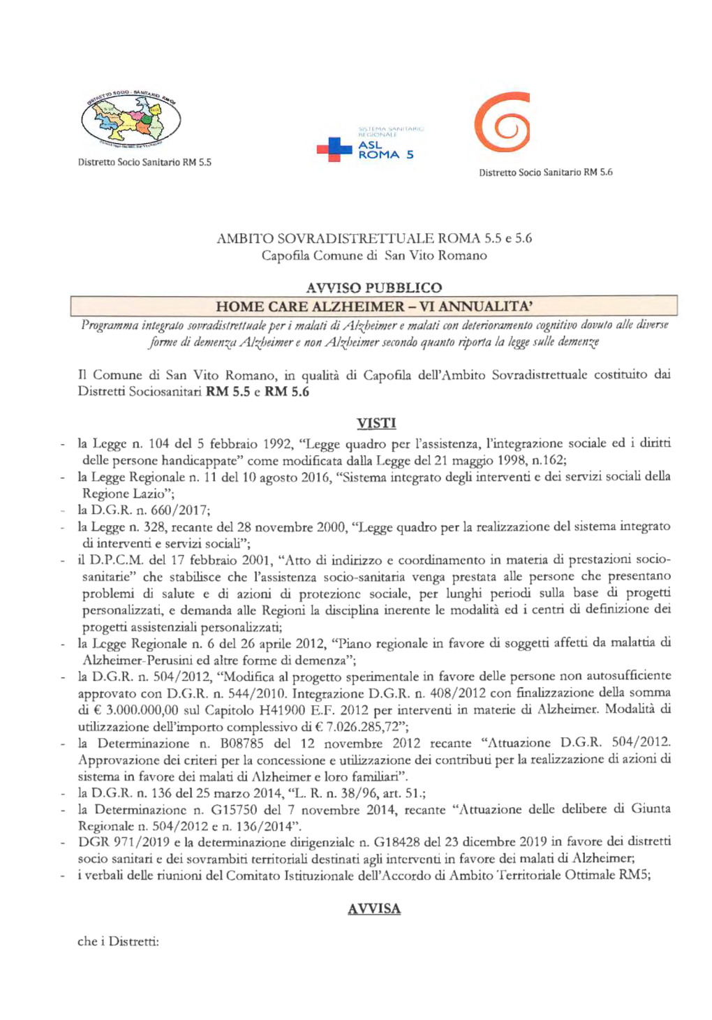 AMBITO SOVRADISTRETTUALE ROMA 5.5 E 5.6 Capofila Comune Di San Vito Romano