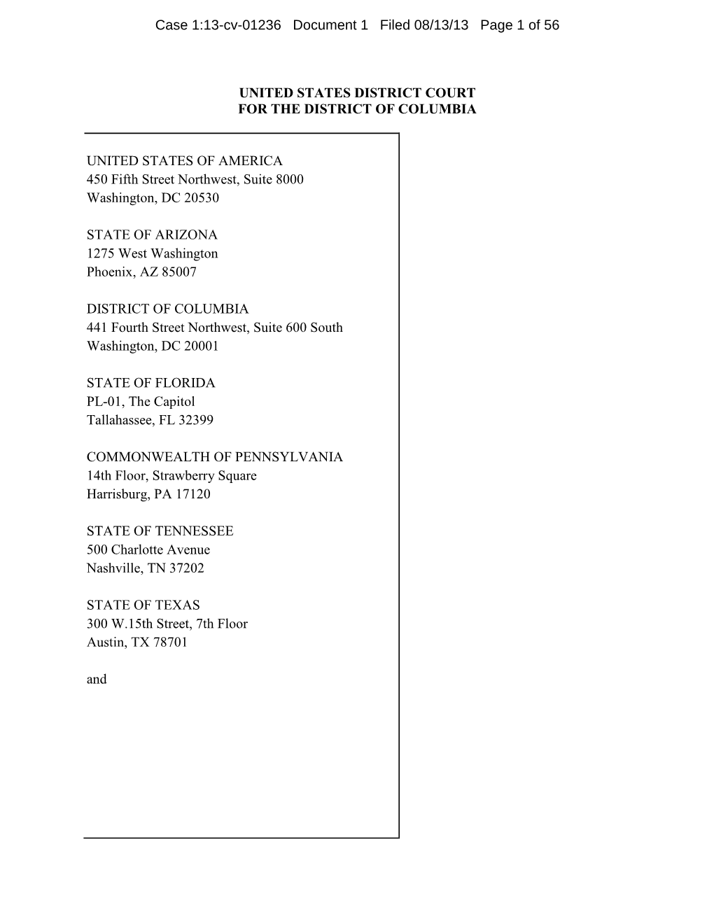 Complaint : U.S. and Plaintiff States V. US Airways Group, Inc. and AMR