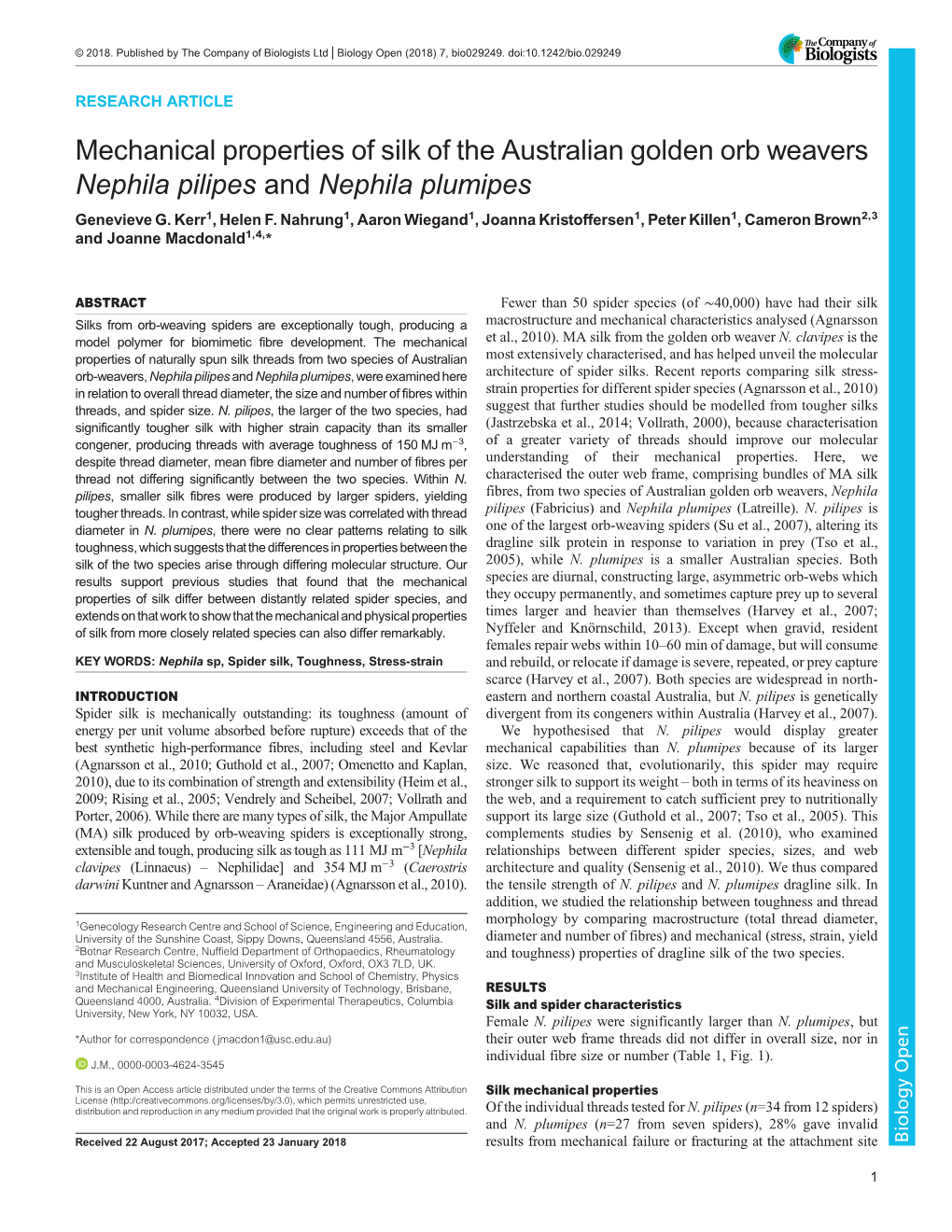 Mechanical Properties of Silk of the Australian Golden Orb Weavers Nephila Pilipes and Nephila Plumipes Genevieve G