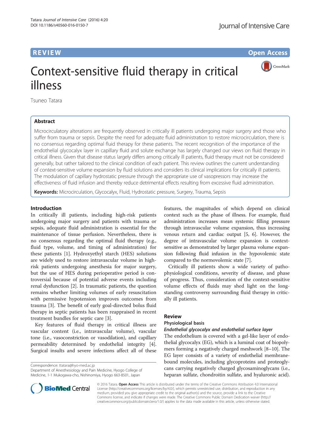 Context-Sensitive Fluid Therapy in Critical Illness Tsuneo Tatara