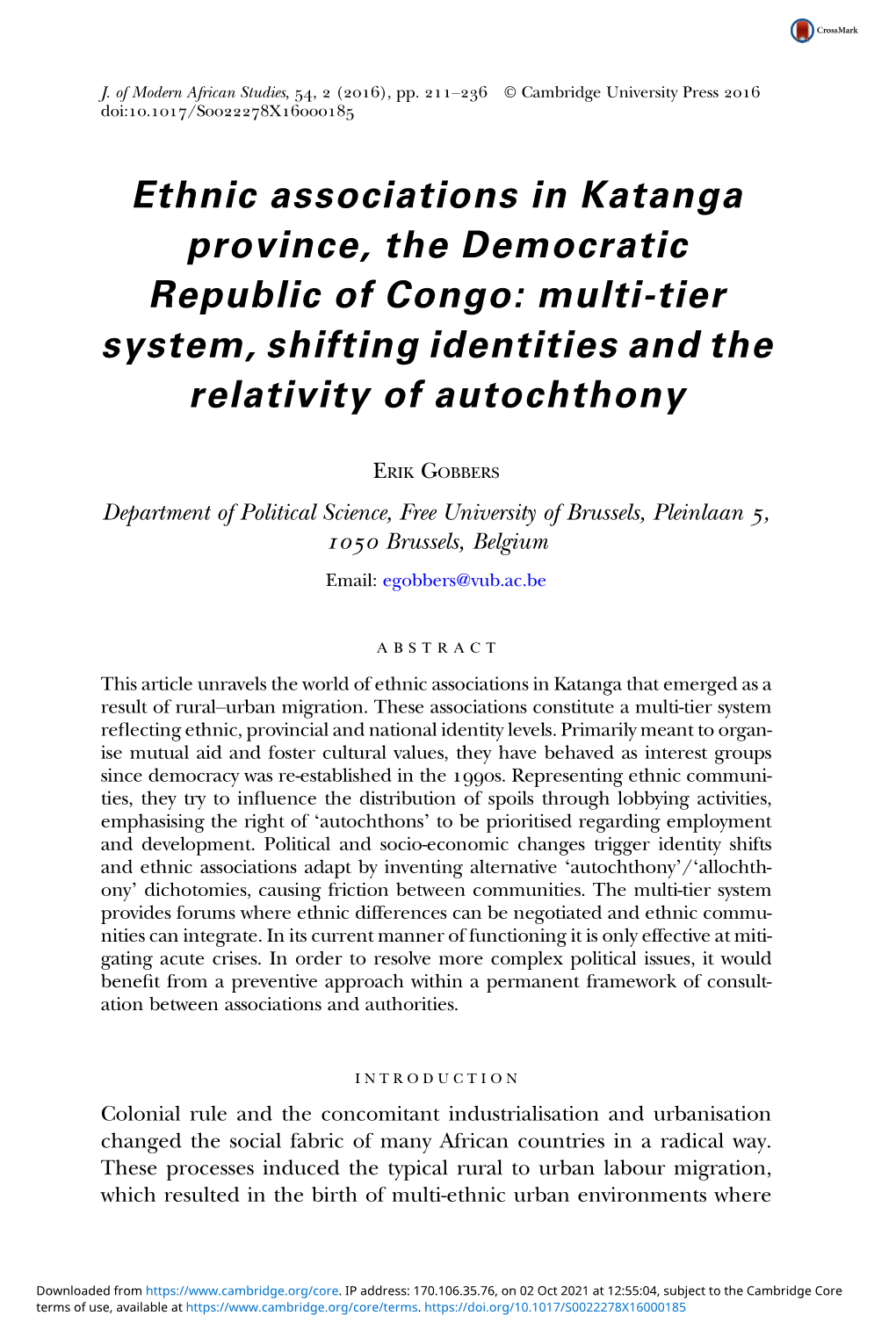 Ethnic Associations in Katanga Province, the Democratic Republic of Congo: Multi-Tier System, Shifting Identities and the Relativity of Autochthony