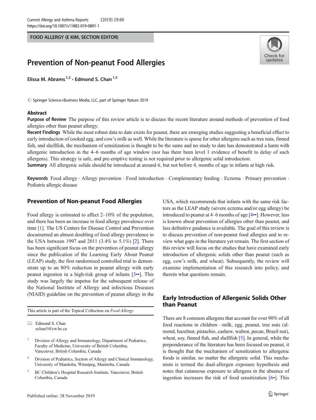 Prevention of Non-Peanut Food Allergies