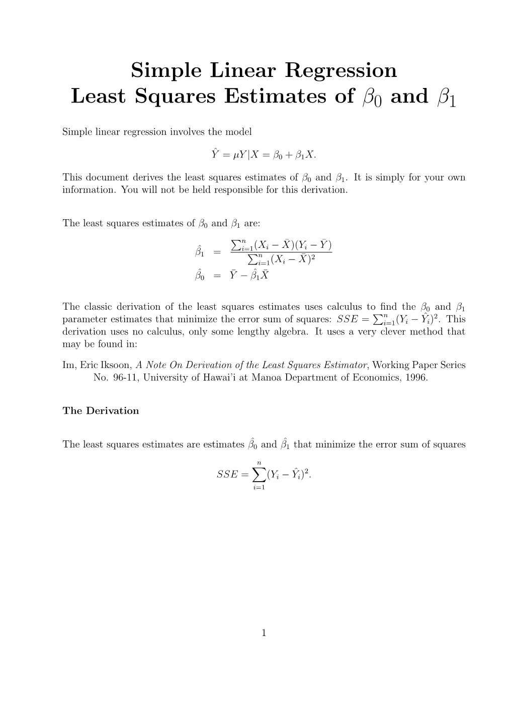 Simple Linear Regression Least Squares Estimates of Β0 and Β1