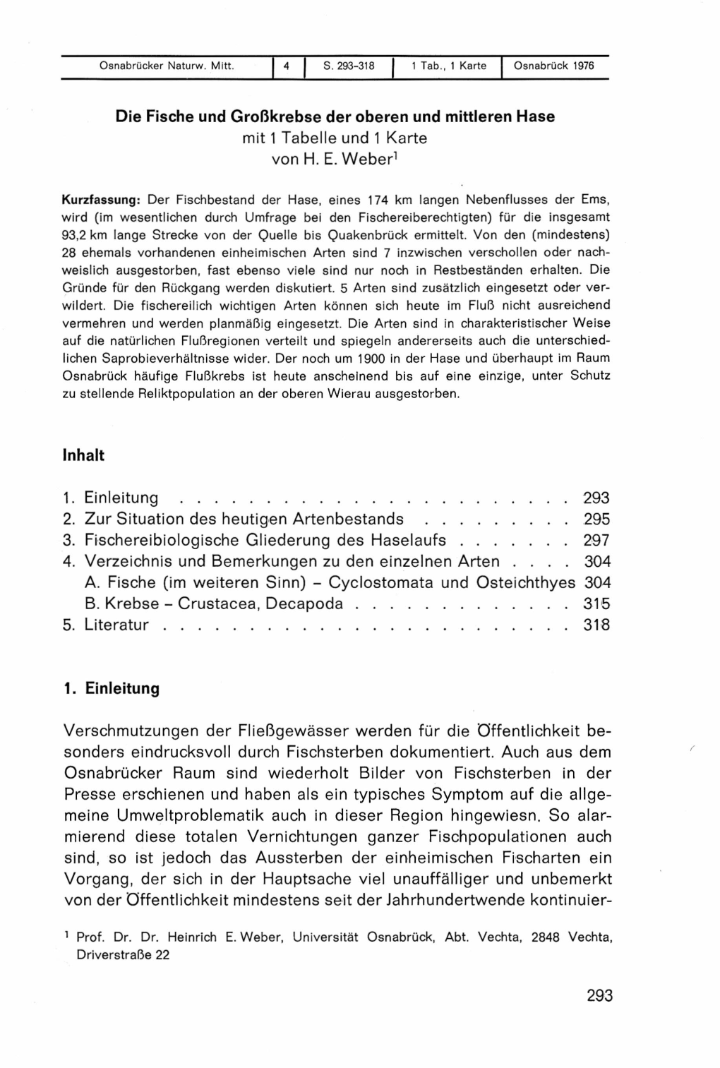 Die Fische Und Großkrebse Der Oberen Und Mittleren Hase Mit 1Tabelle Und 1Karte Von Heweber' Inhalt 1. Einleitung