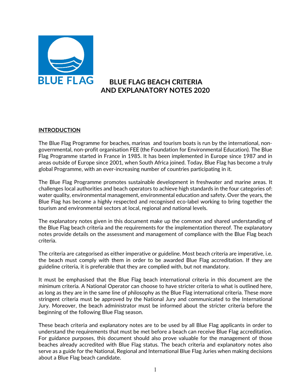 Blue Flag Beach Criteria and Explanatory Notes 2020