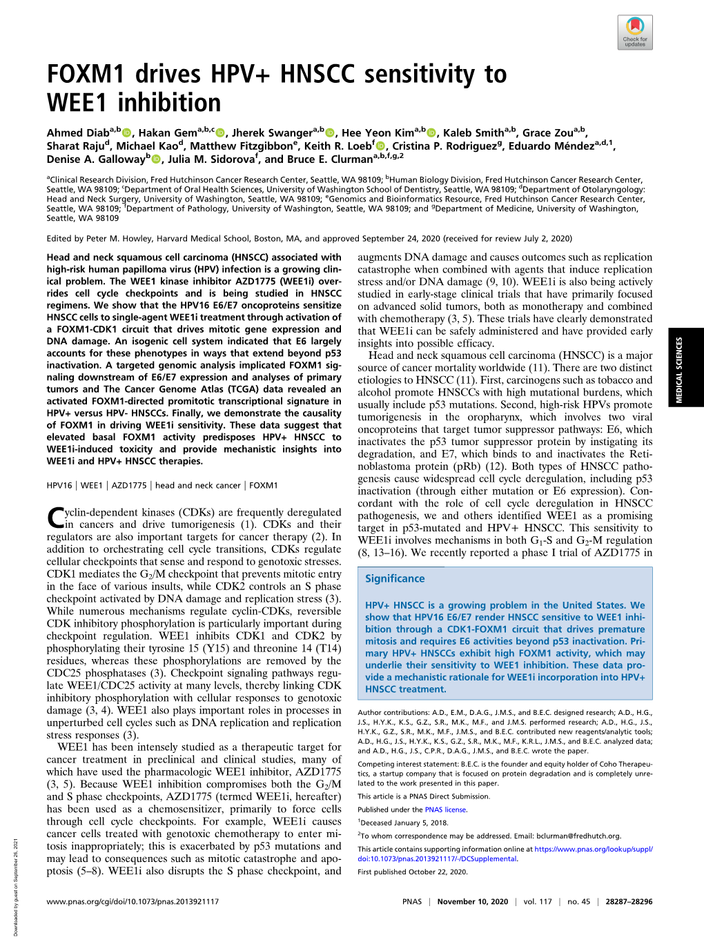 FOXM1 Drives HPV+ HNSCC Sensitivity to WEE1 Inhibition