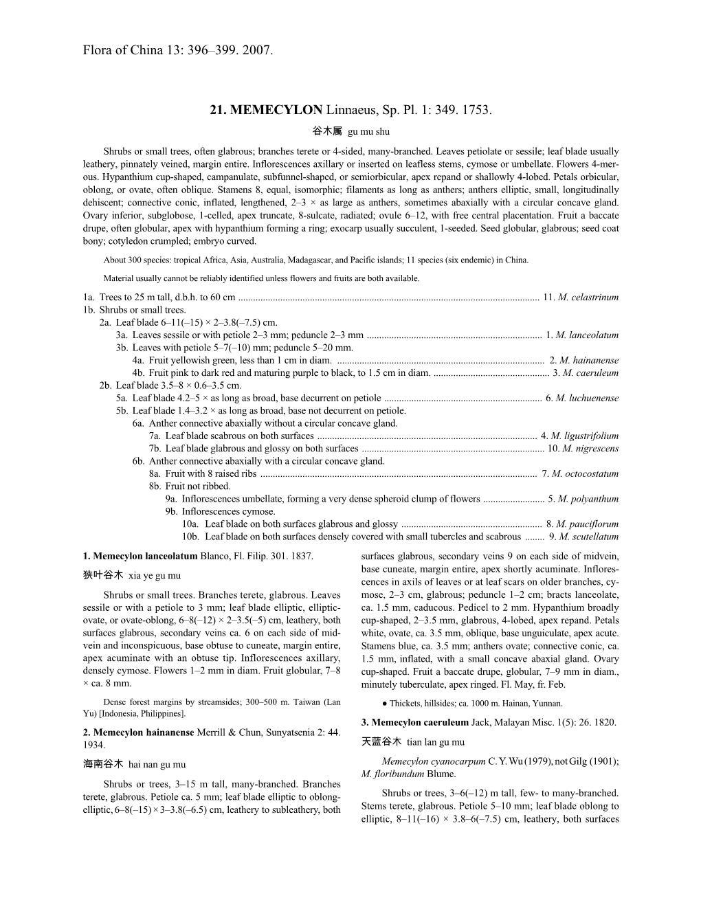 Flora of China 13: 396–399. 2007. 21. MEMECYLON Linnaeus, Sp. Pl. 1