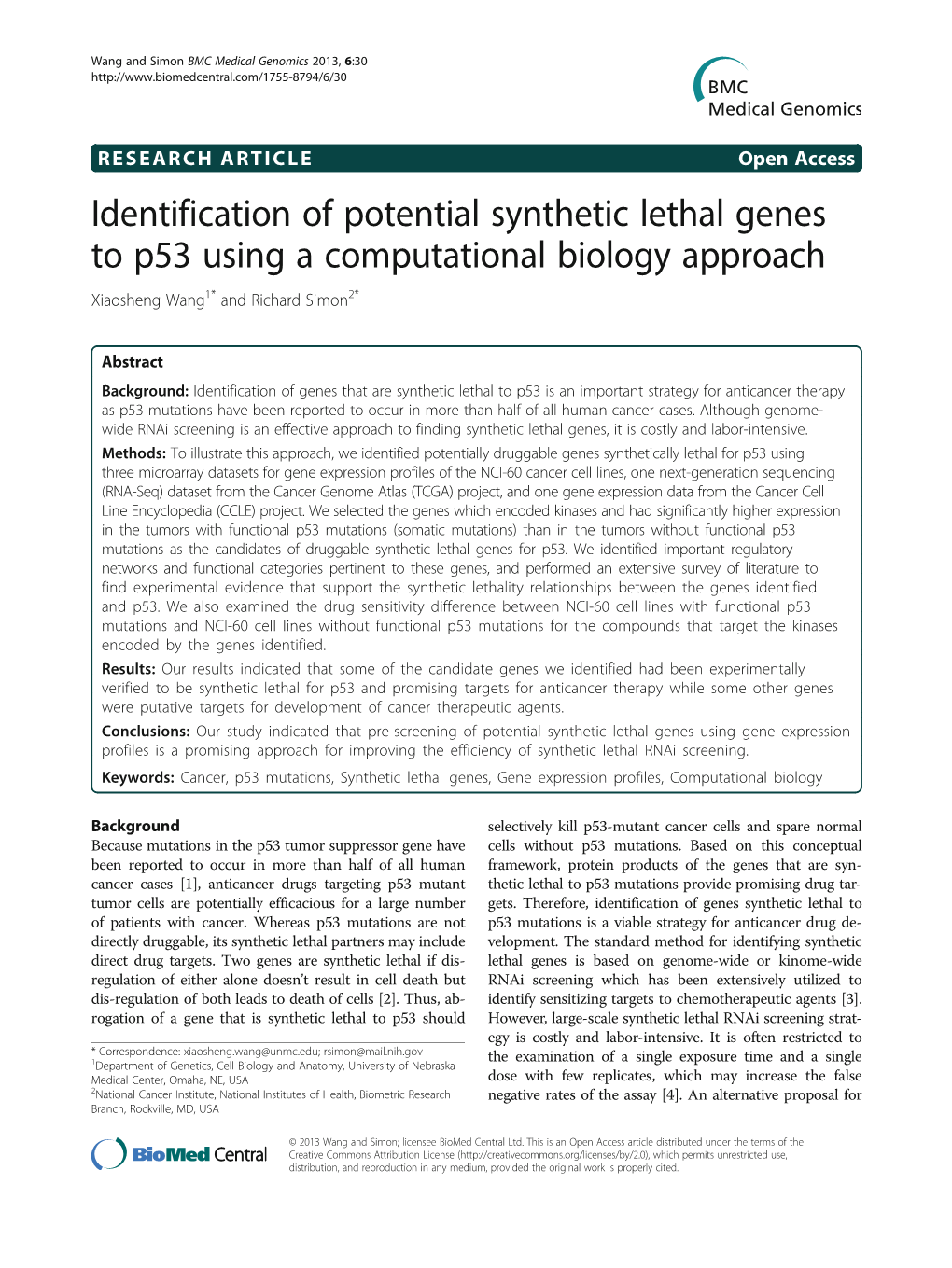 Identification of Potential Synthetic Lethal Genes to P53 Using a Computational Biology Approach Xiaosheng Wang1* and Richard Simon2*