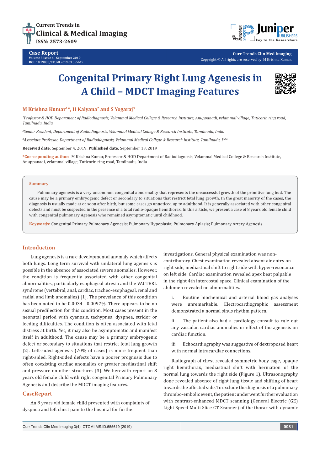 Congenital Primary Right Lung Agenesis in a Child – MDCT Imaging Features