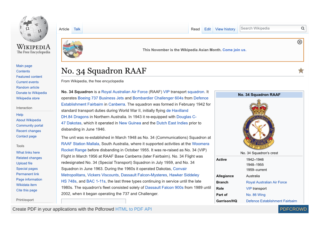 No. 34 Squadron RAAF Featured Content Current Events from Wikipedia, the Free Encyclopedia Random Article No