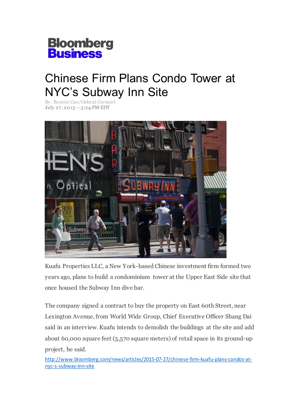 Chinese Firm Plans Condo Tower at NYC's Subway Inn Site