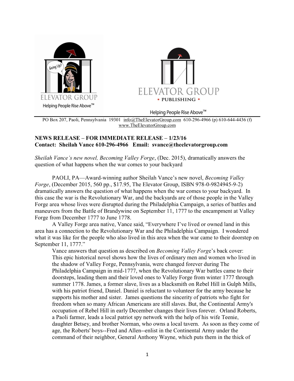 Becoming Valley Forge Press Release