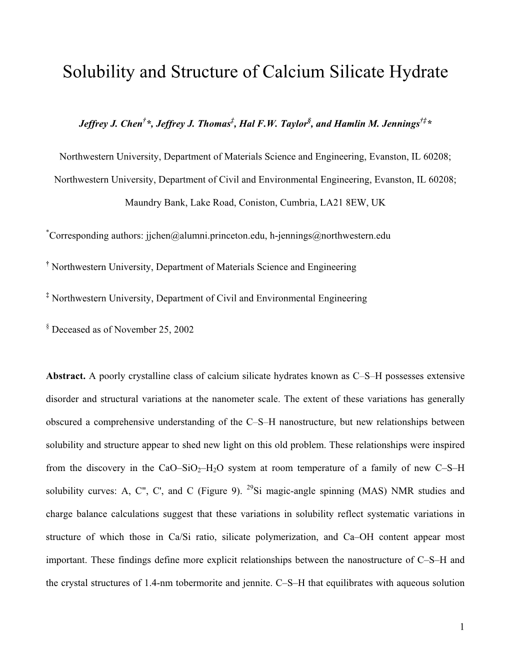 Solubility and Structure of Calcium Silicate Hydrate