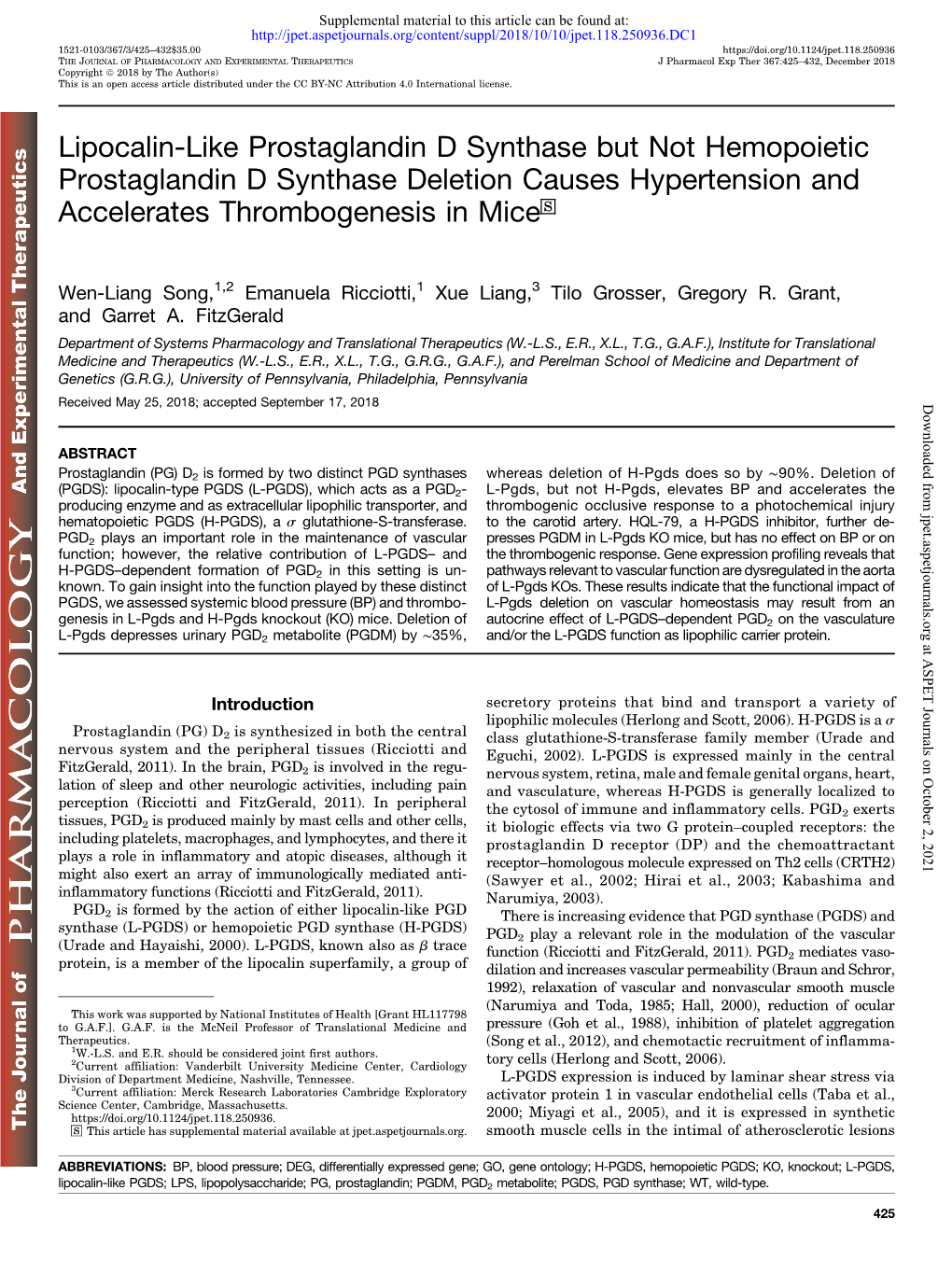 Lipocalin-Like Prostaglandin D Synthase but Not Hemopoietic Prostaglandin D Synthase Deletion Causes Hypertension and Accelerates Thrombogenesis in Mice S