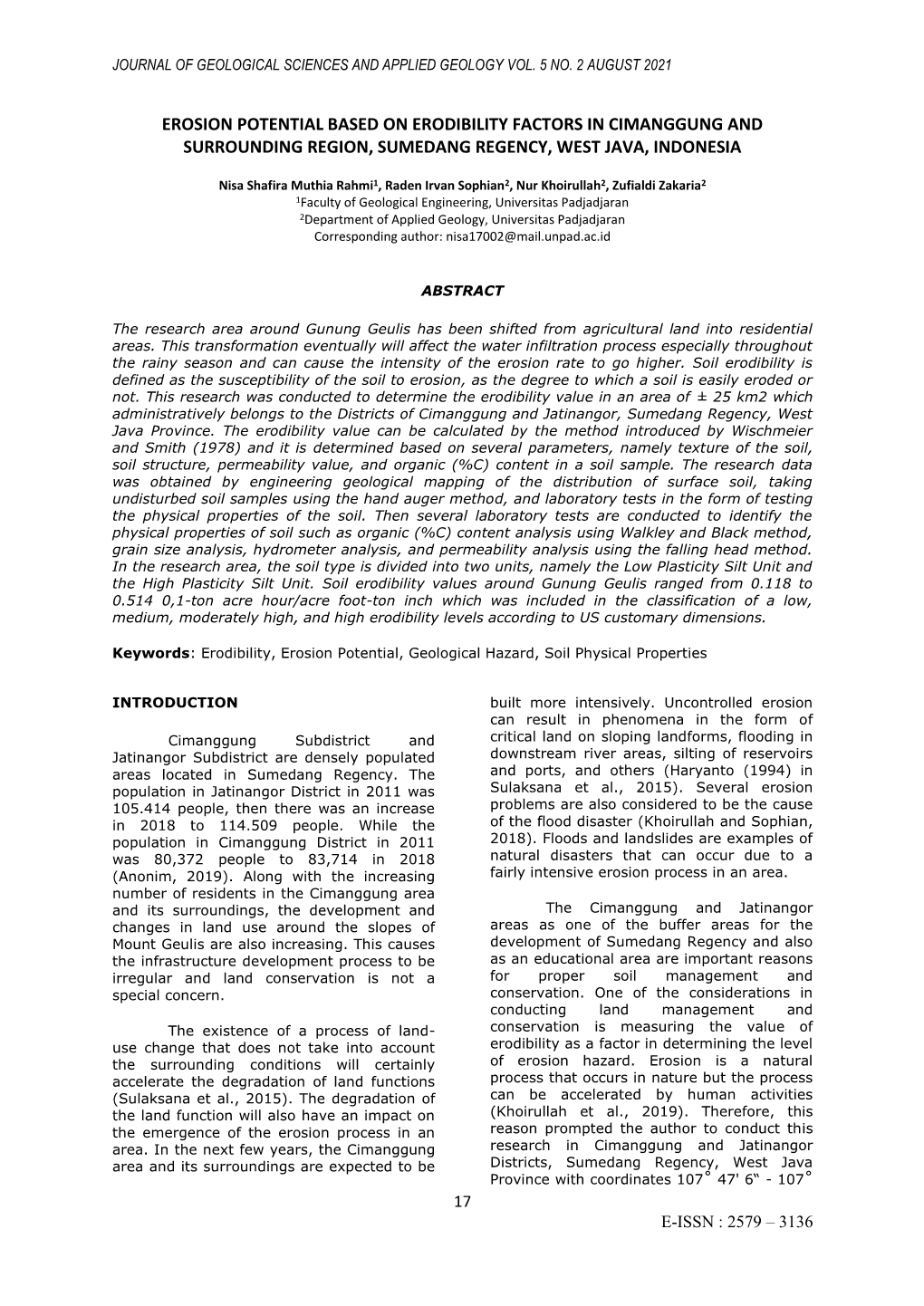 Erosion Potential Based on Erodibility Factors in Cimanggung and Surrounding Region, Sumedang Regency, West Java, Indonesia