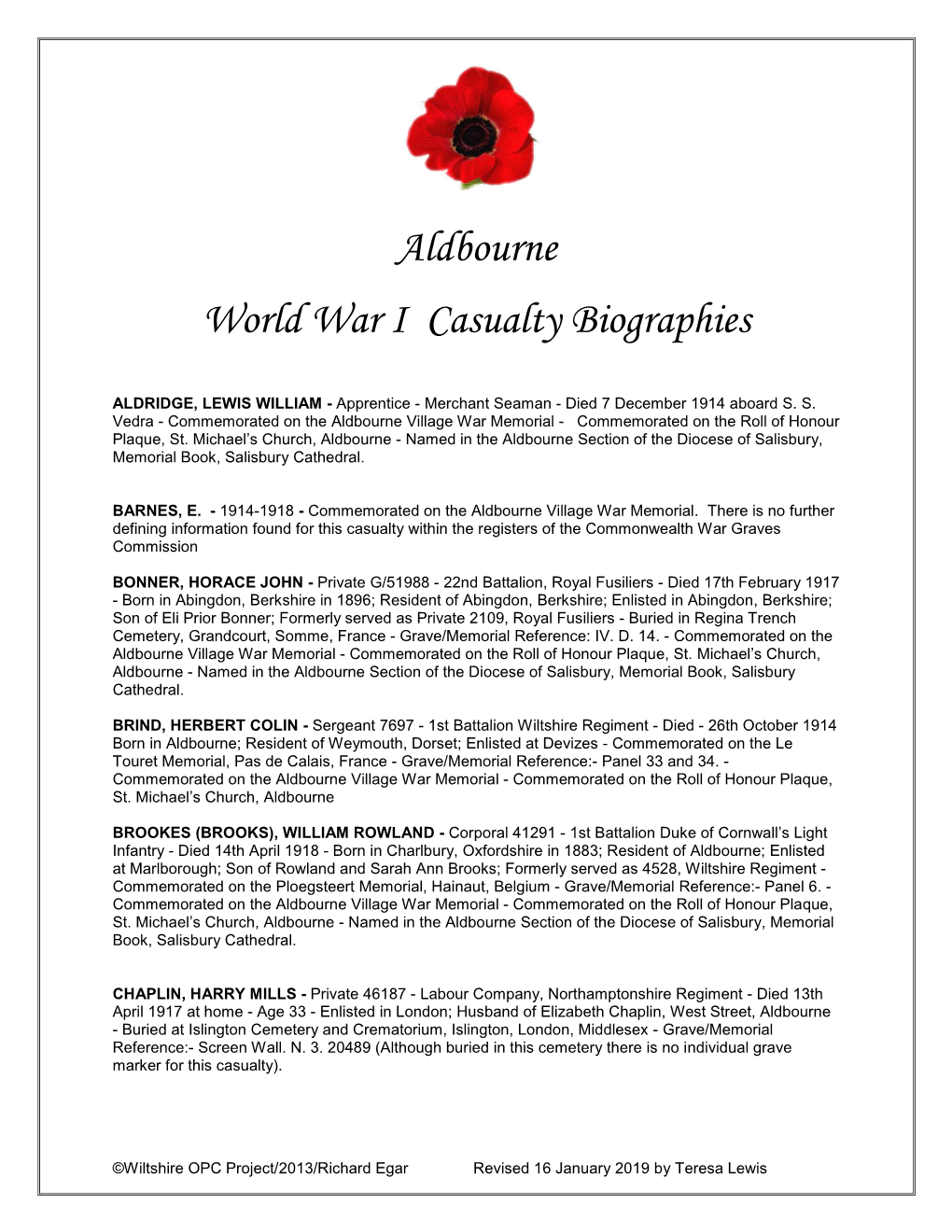 Aldbourne World War I Casualty Biographies