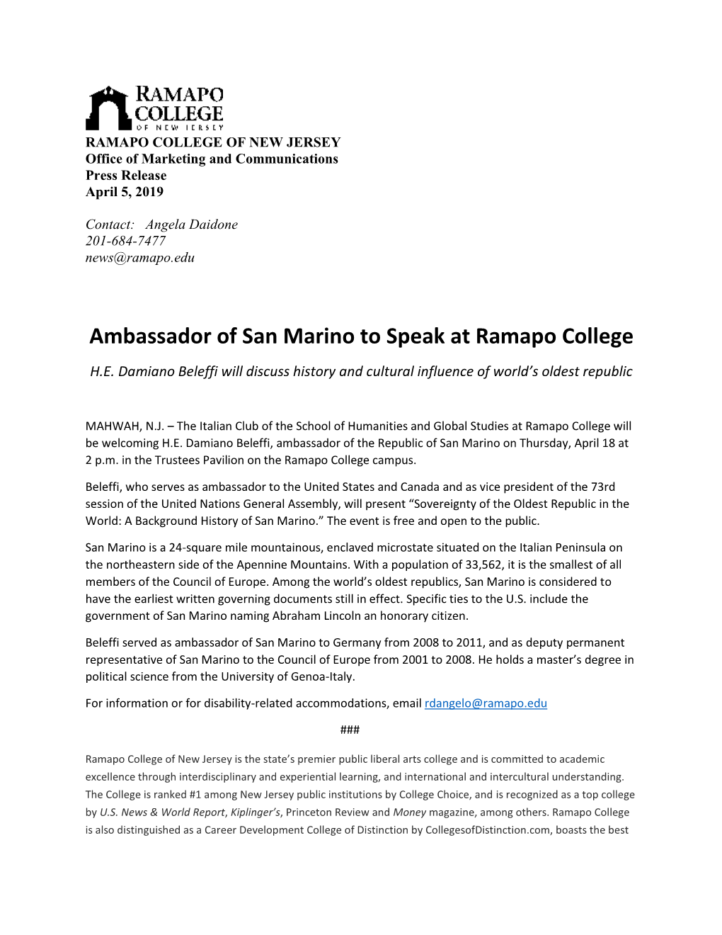 Ambassador of San Marino to Speak at Ramapo College