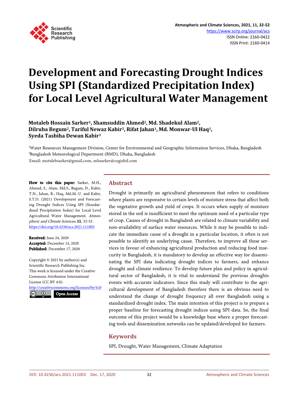 Development and Forecasting Drought Indices Using SPI (Standardized Precipitation Index) for Local Level Agricultural Water Management