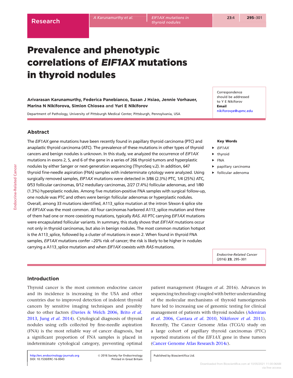 Prevalence and Phenotypic Correlations of EIF1AX Mutations in Thyroid Nodules