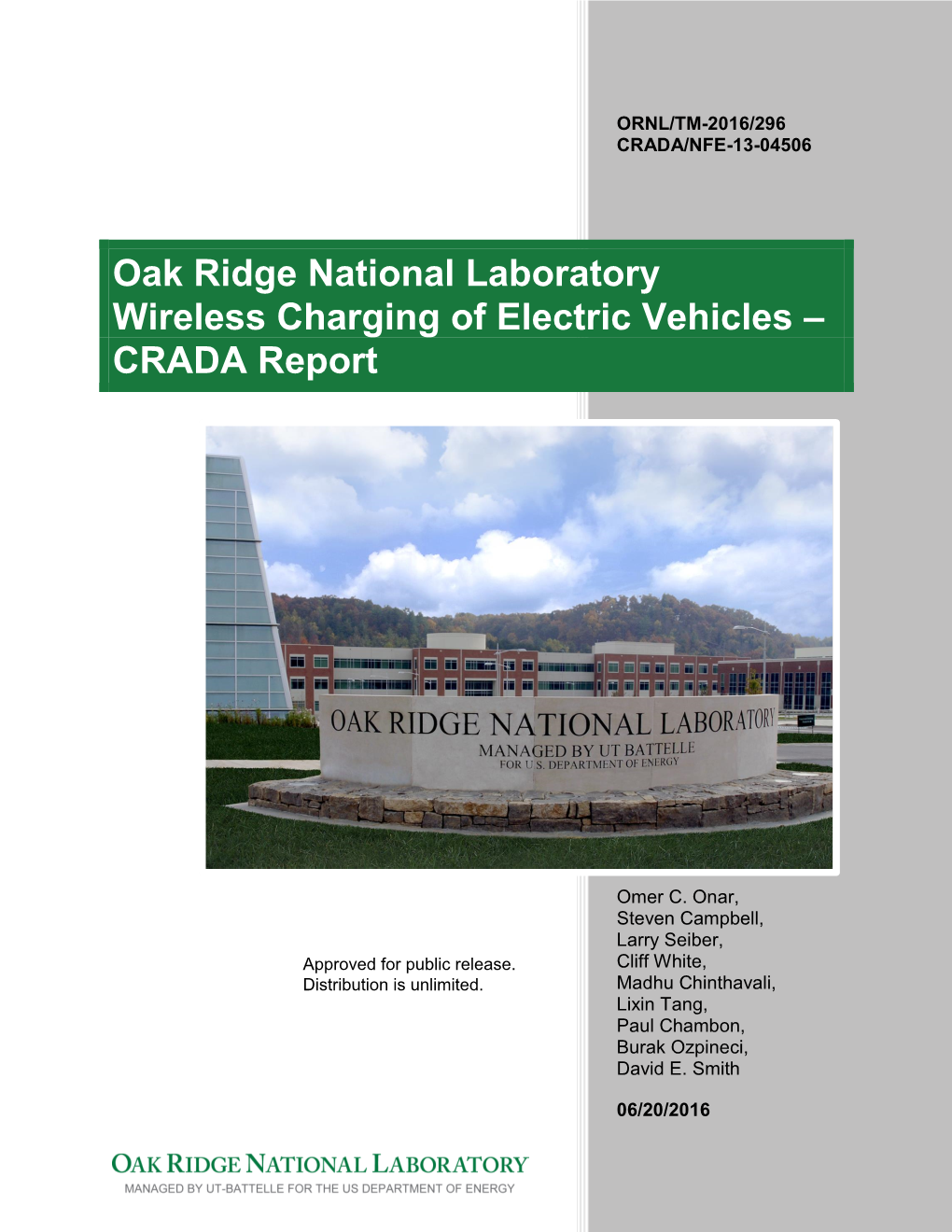 Oak Ridge National Laboratory Wireless Charging of Electric Vehicles – CRADA Report