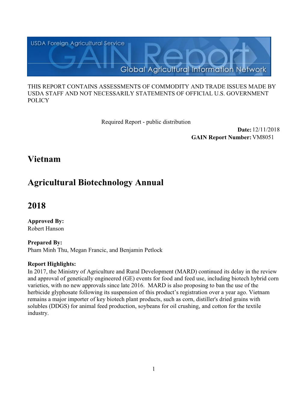 Vietnam Agricultural Biotechnology Annual 2018