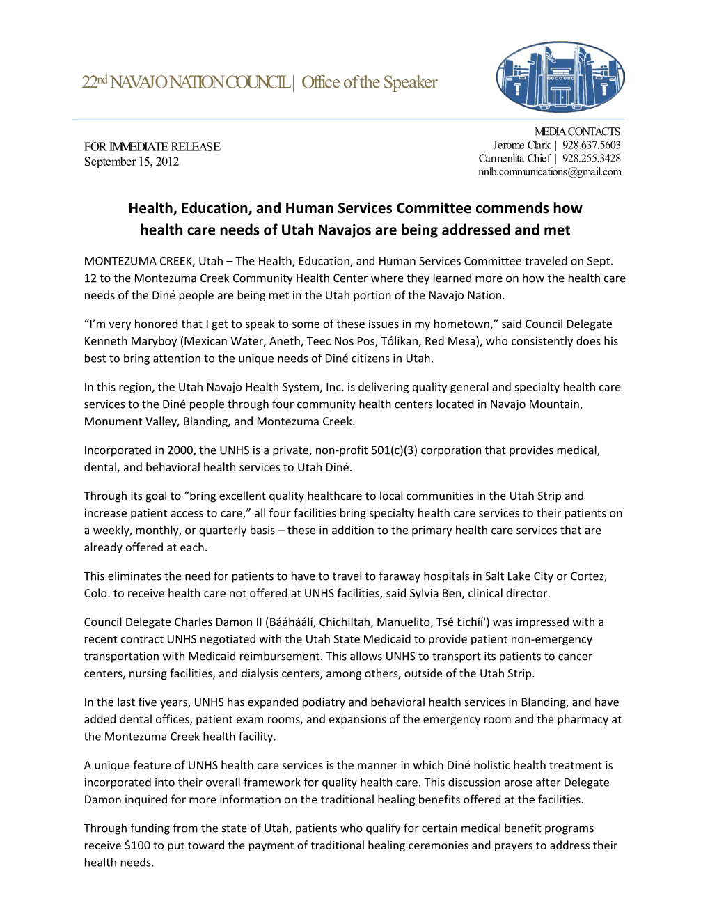 Health, Education, and Human Services Committee Commends How Health Care Needs of Utah Navajos Are Being Addressed and Met