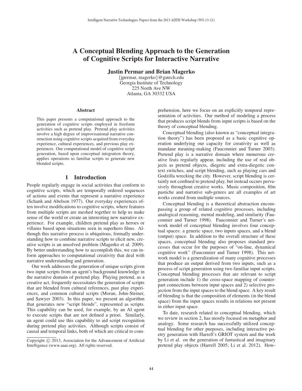 A Conceptual Blending Approach to the Generation of Cognitive Scripts for Interactive Narrative