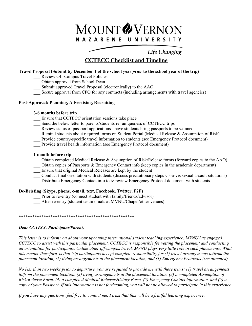 CCTECC Checklist and Timeline