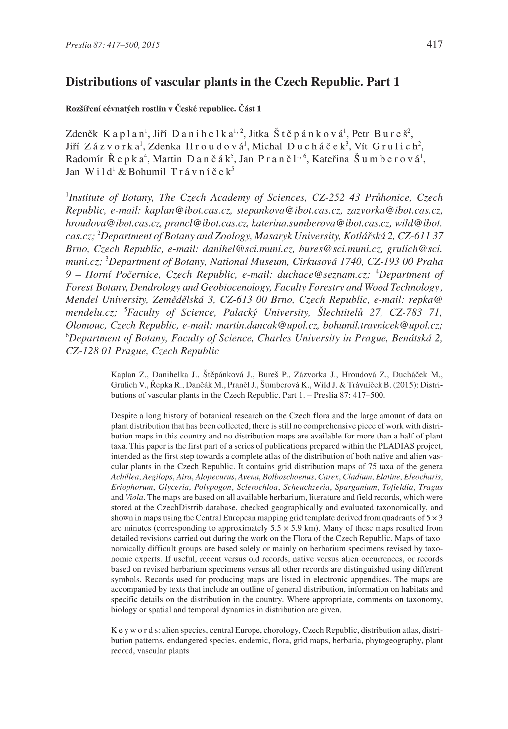 Distributions of Vascular Plants in the Czech Republic. Part 1