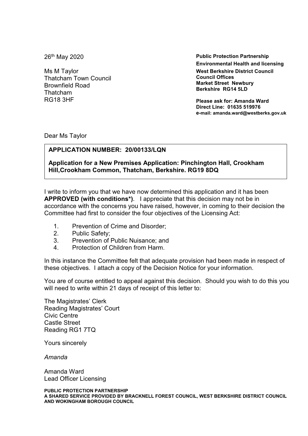 Decision Letter Ms Taylor Thatcham Town Council