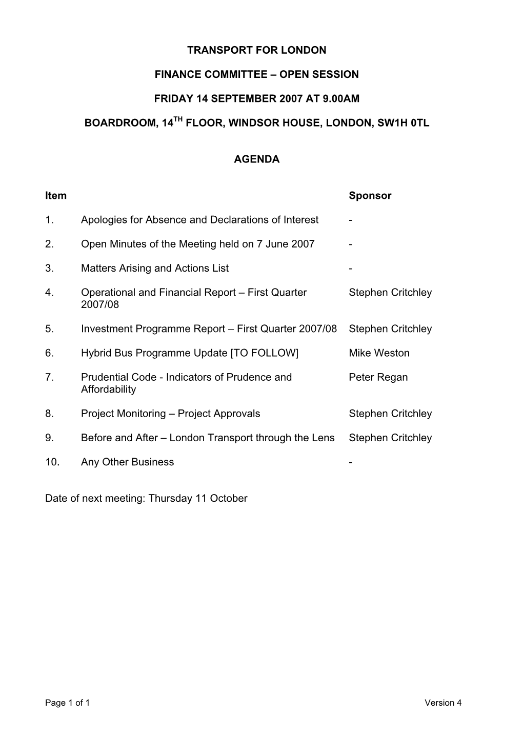 Finance Committee Agenda and Papers 14 September 2007