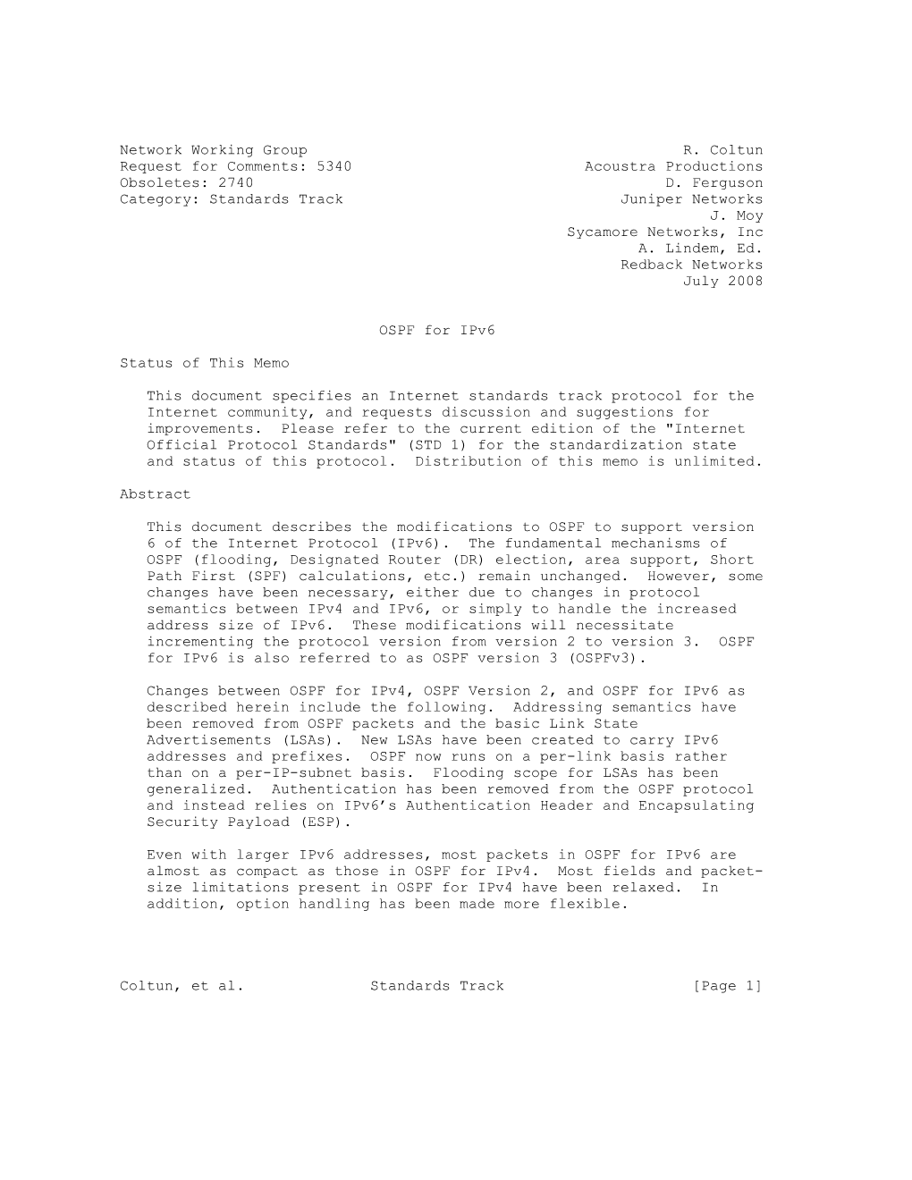 RFC 5340 OSPF for Ipv6 July 2008