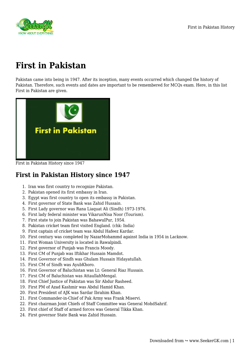 First in Pakistan History