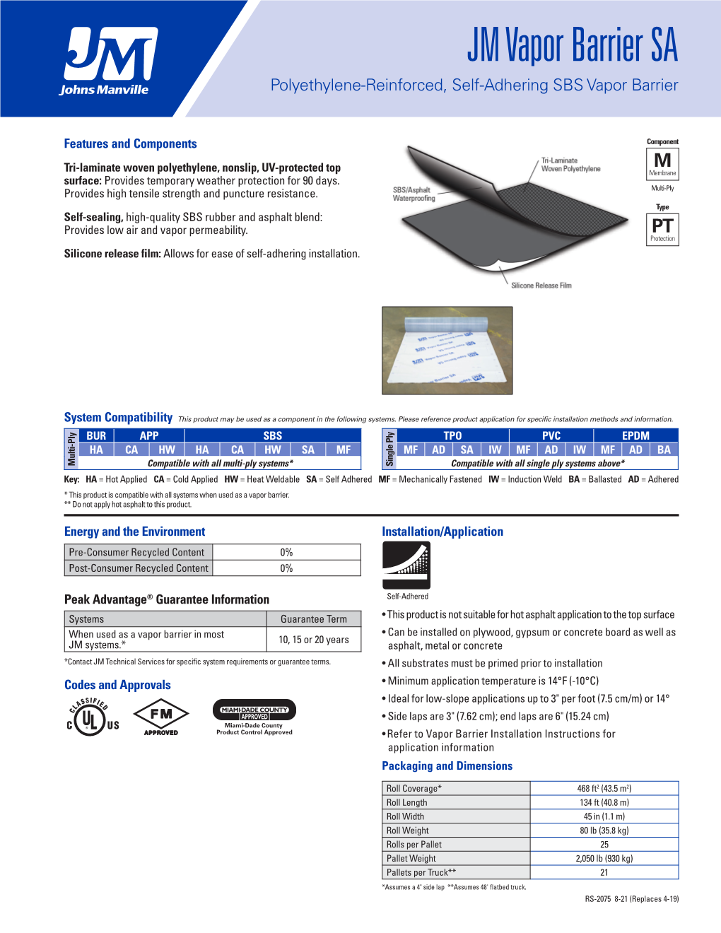 JM Vapor Barrier SA Polyethylene-Reinforced, Self-Adhering SBS Vapor Barrier