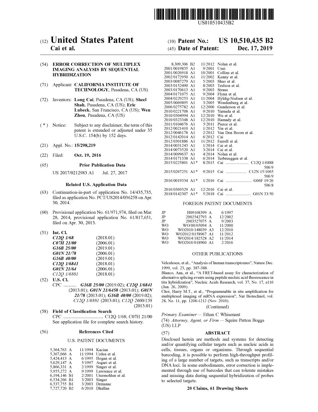 ( 12 ) United States Patent ( 10 ) Patent No.: US 10,510,435 B2 Cai Et Al