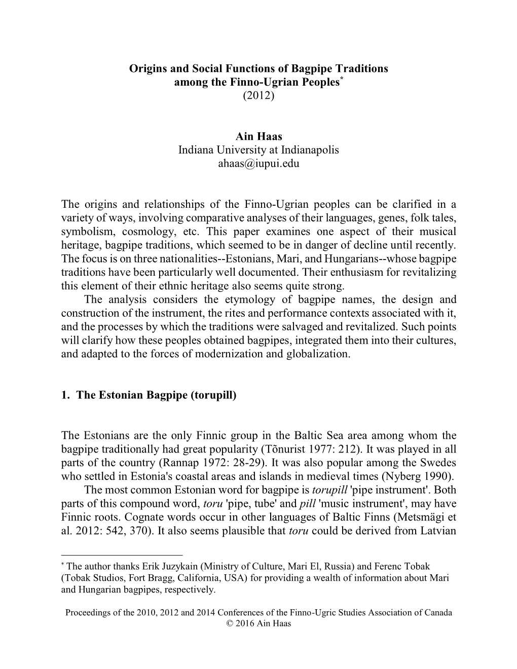 Origins and Social Functions of Bagpipe Traditions Among the Finno-Ugrian Peoples* (2012)