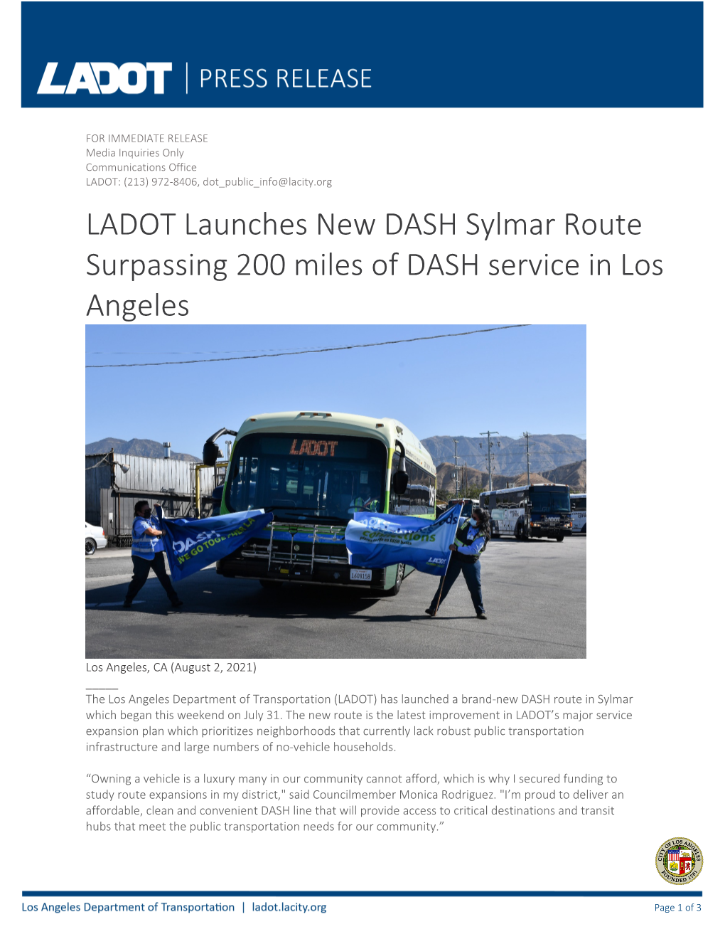 LADOT Launches New DASH Sylmar Route Surpassing 200 Miles of DASH Service in Los Angeles