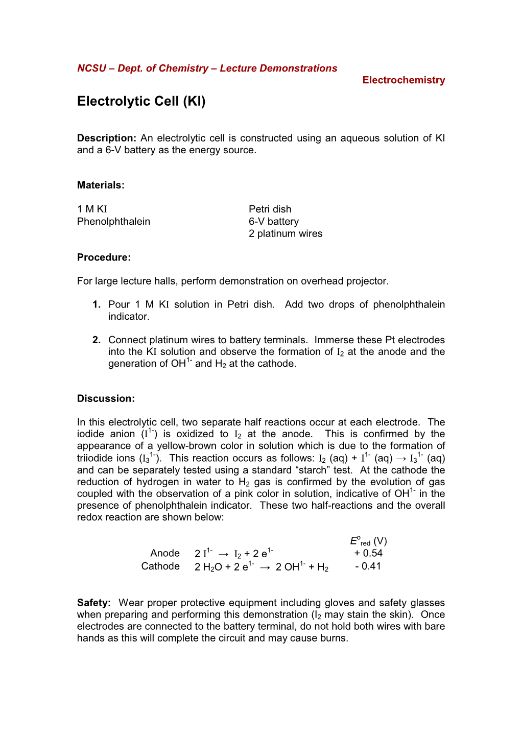 Electrolytic Cell Potassium Iodide