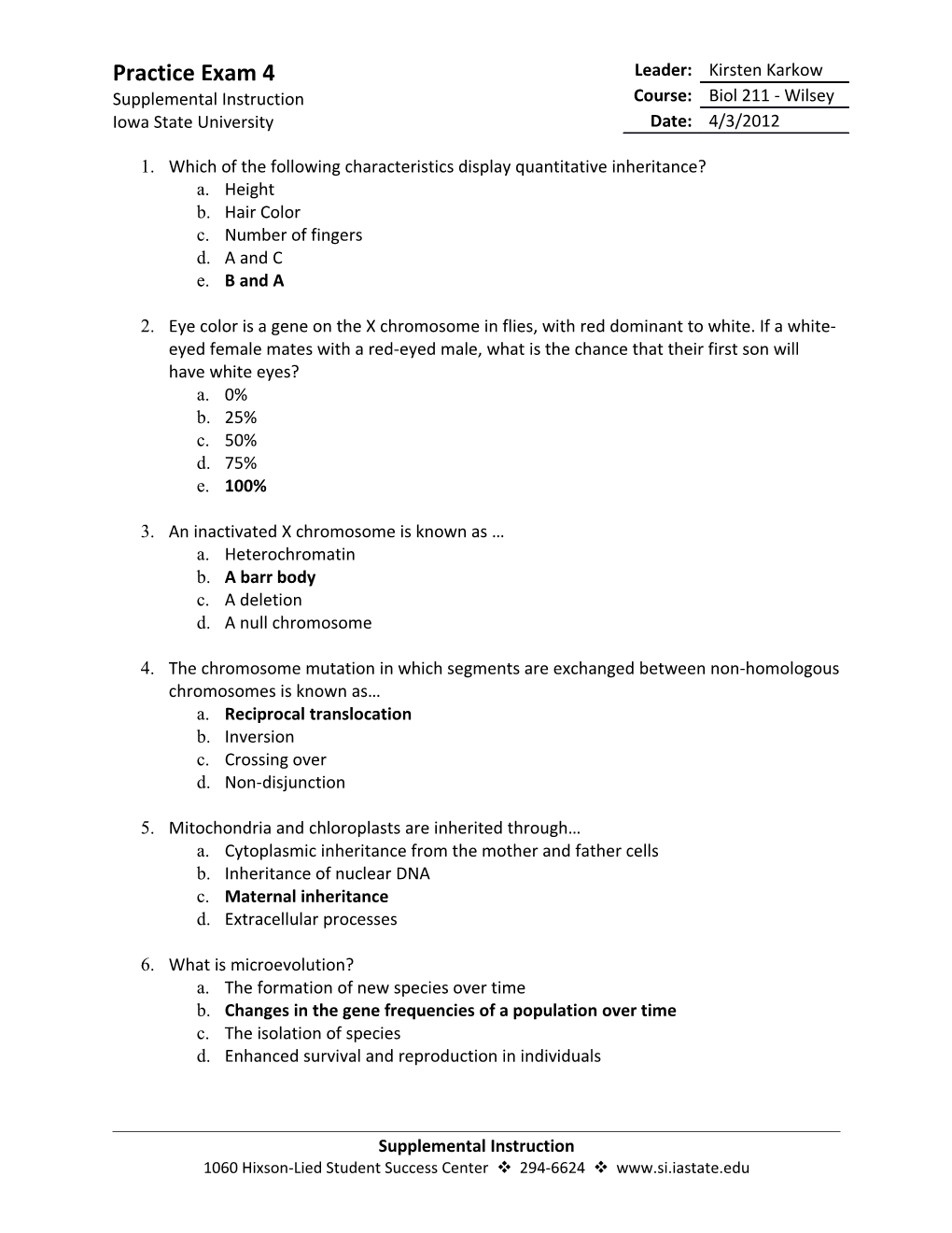 1. Which of the Following Characteristics Display Quantitative Inheritance?