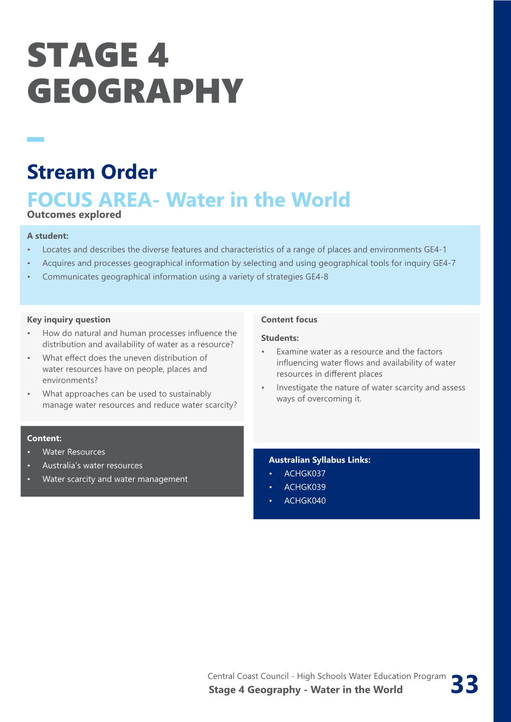 STAGE 4 GEOGRAPHY – Stream Order FOCUS AREA- Water in the World Outcomes Explored