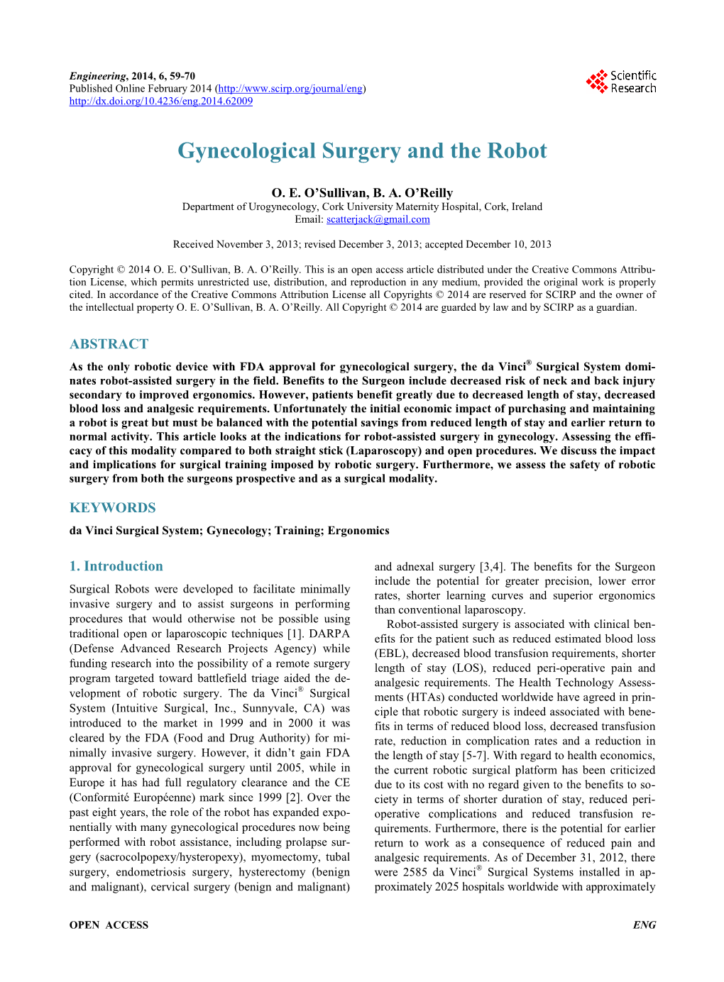 Gynecological Surgery and the Robot