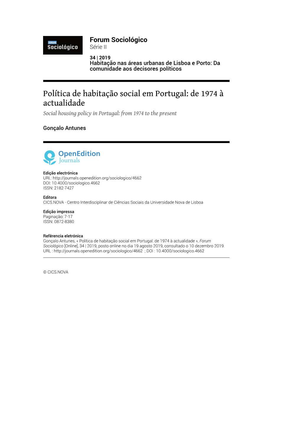 Política De Habitação Social Em Portugal: De 1974 À Actualidade Social Housing Policy in Portugal: from 1974 to the Present